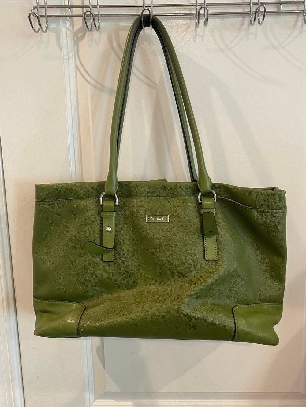 Tumi Green Saffiano Leather Double Handle Tote Purse Laptop Bag 10.5”x15.5”